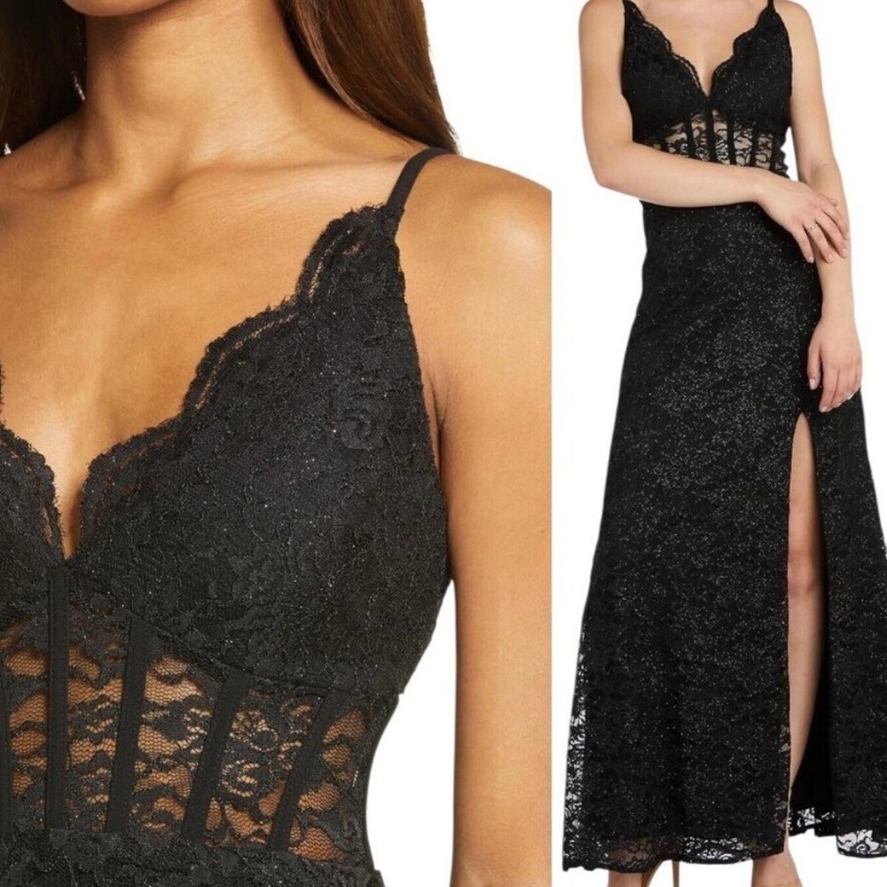 Morgan & Co. Black Lace Formal Dress Glitter Gown Slit Corset Bodice Goth Size 1